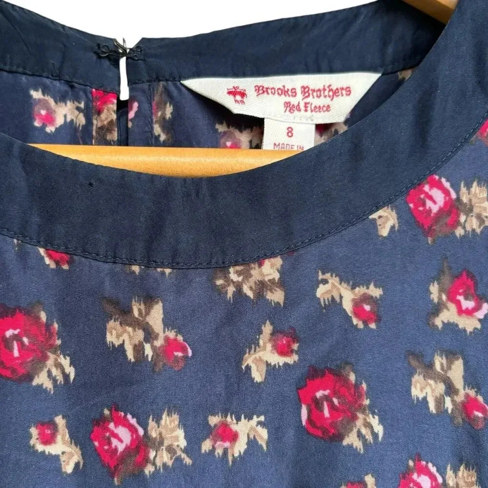 Brooks Brothers Red Fleece Floral Silk Dress Size 8 Navy Red Classic Pretty - Picture 6 of 9